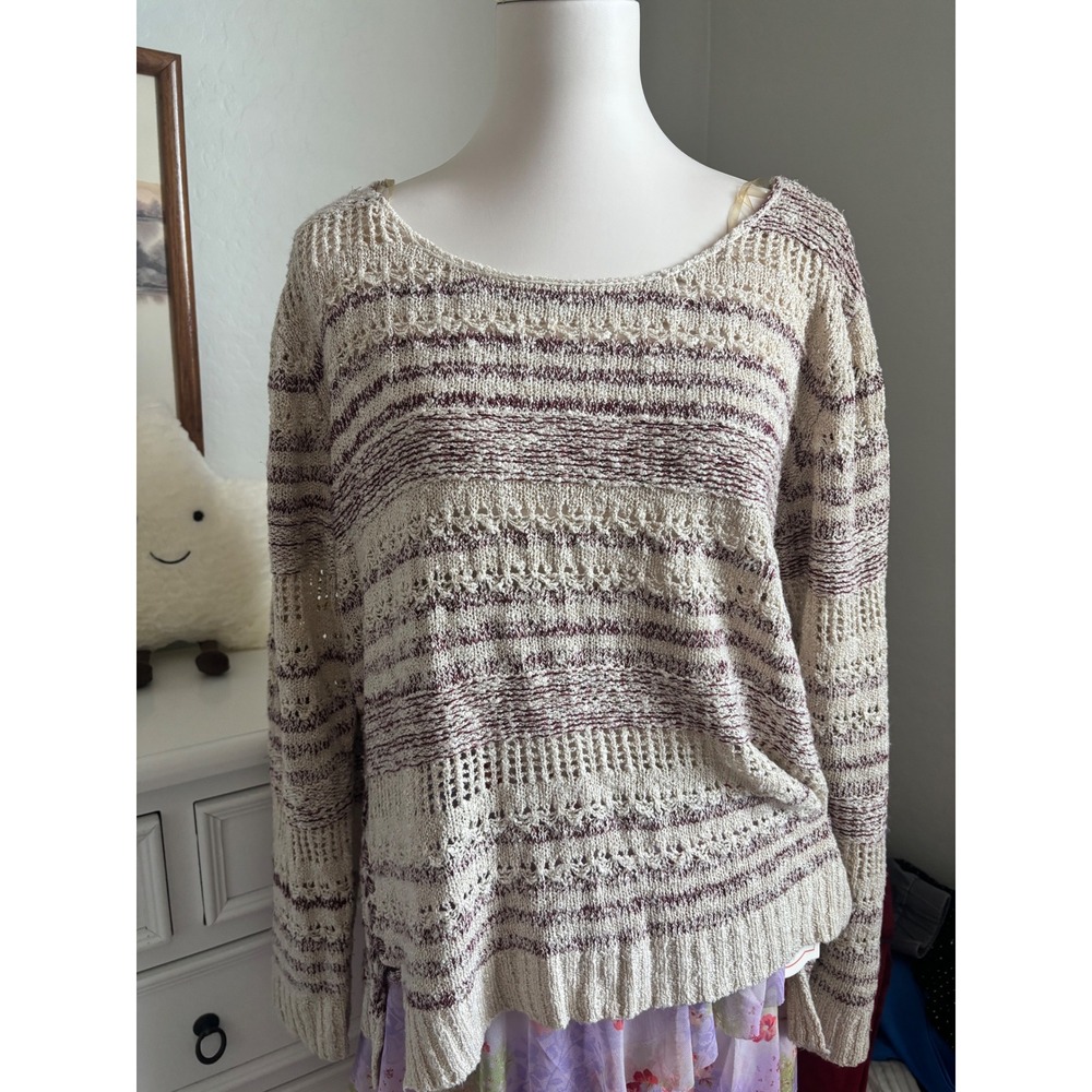 Boho Crochet Knit Sweater Striped Lace Up Side Pointelle Cottagecore Cream Red